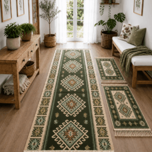 1+2 Covoare traditionale, IUTA dimensiunea 1 buc 80x300cm+ 2 buc 60X90cm, VERDE si crem, model ROMB