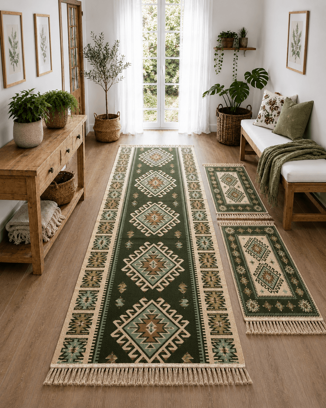 1+2 Covoare traditionale, IUTA dimensiunea 1 buc 80x300cm+ 2 buc 60X90cm, VERDE si crem, model ROMB