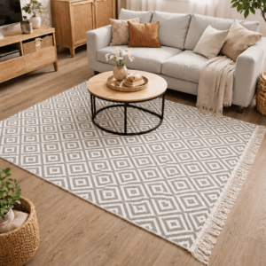 Covor traditional, tesut, cu doua fete, dimensiunea 100x200cm gri si alb, model geometric2