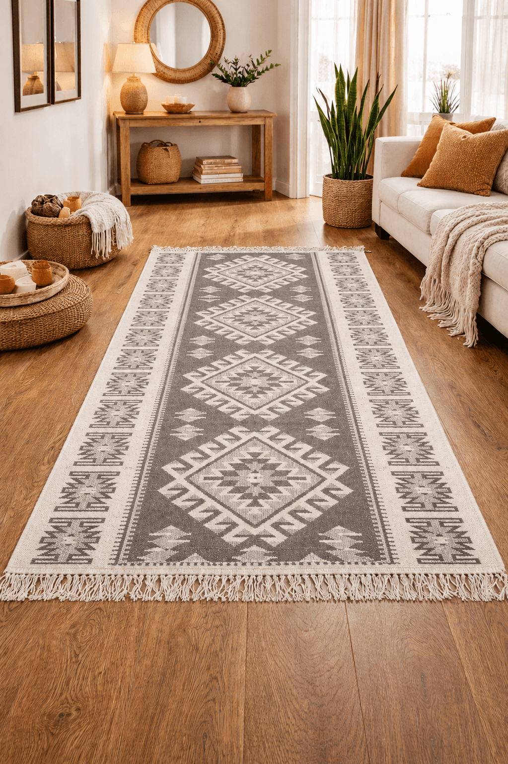 Covor traditional, tesut, cu doua fete, dimensiunea 100x200cm gri, model ROMB