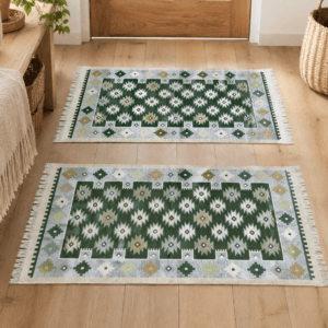 1+1 Covoare traditionale tesute,cu doua fete, dimensiunea 60x90cm verde si crem, model RUSTIC