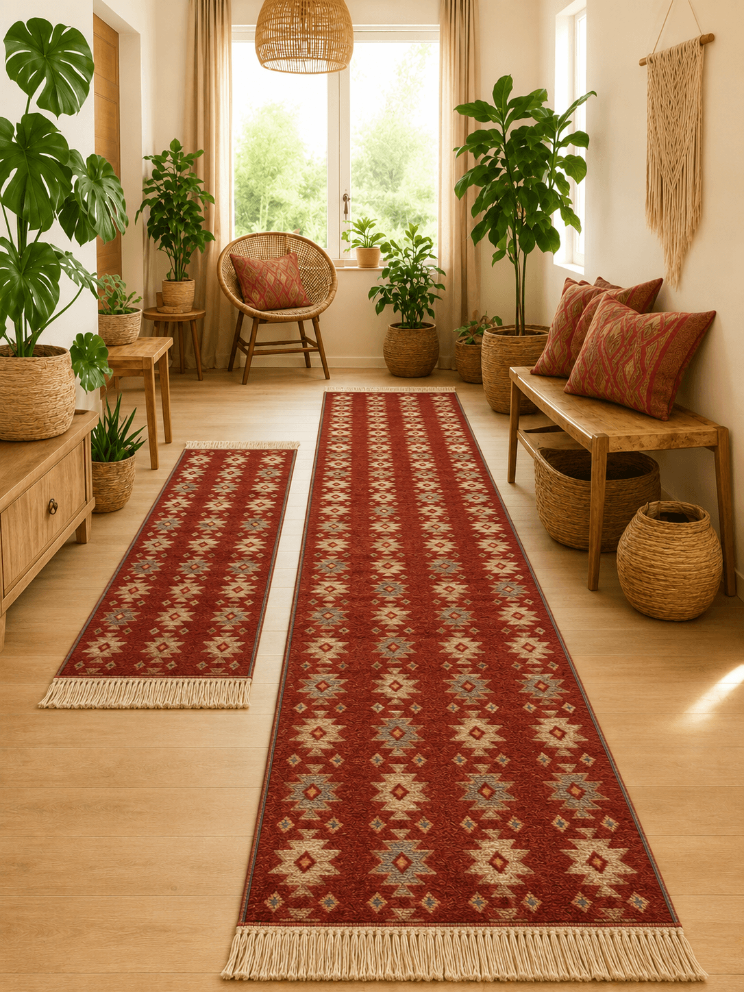 1+1 set Covoare traditionale, tesute, cu doua fete, dimensiunea 80x300cm + 60x150cm rosu si crem, model rustic 2