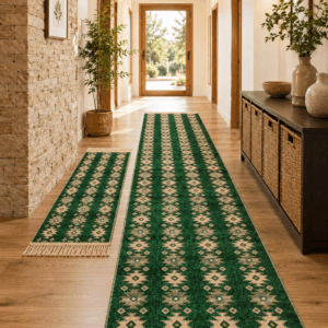 1+1 set Covoare traditionale, tesute, cu doua fete, dimensiunea 80x300cm + 60x150cm verde si crem, model rustic 2