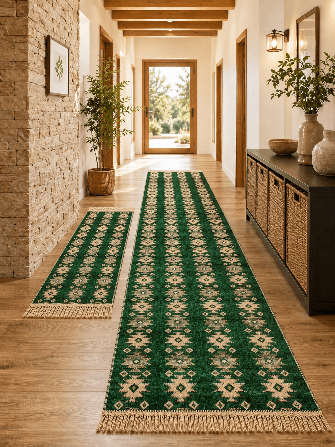 1+1 set Covoare traditionale, tesute, cu doua fete, dimensiunea 80x300cm + 60x150cm verde si crem, model rustic 2
