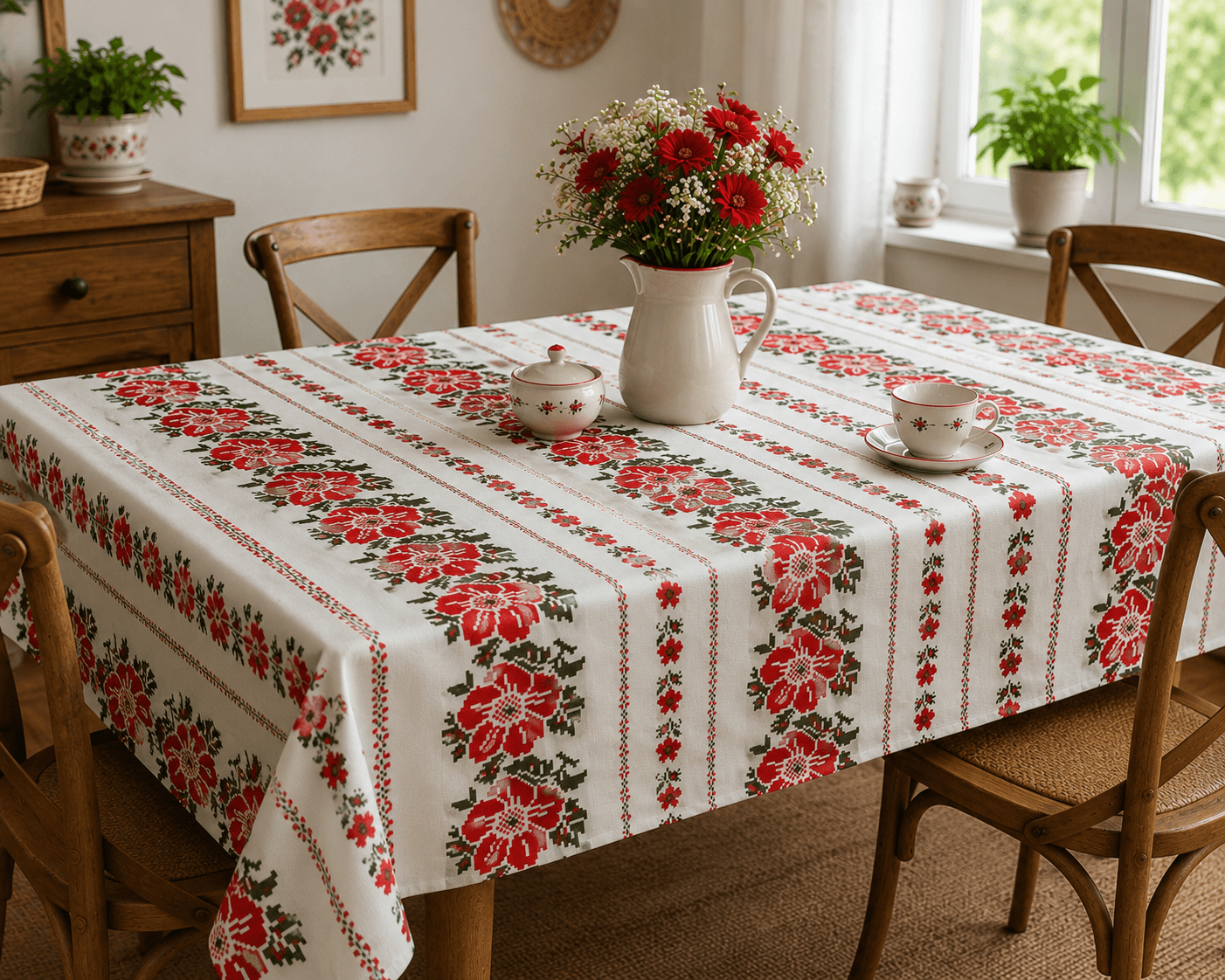 Fata de masa 100% bumbac, teflonata, impermeabila 140x180 cm Traditionala 6-8 persoane