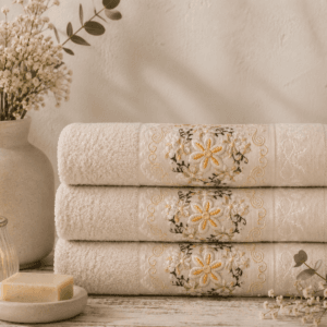 Set 3 prosoape brodate , bumbac 100%, dimensiune 50x90cm Cream