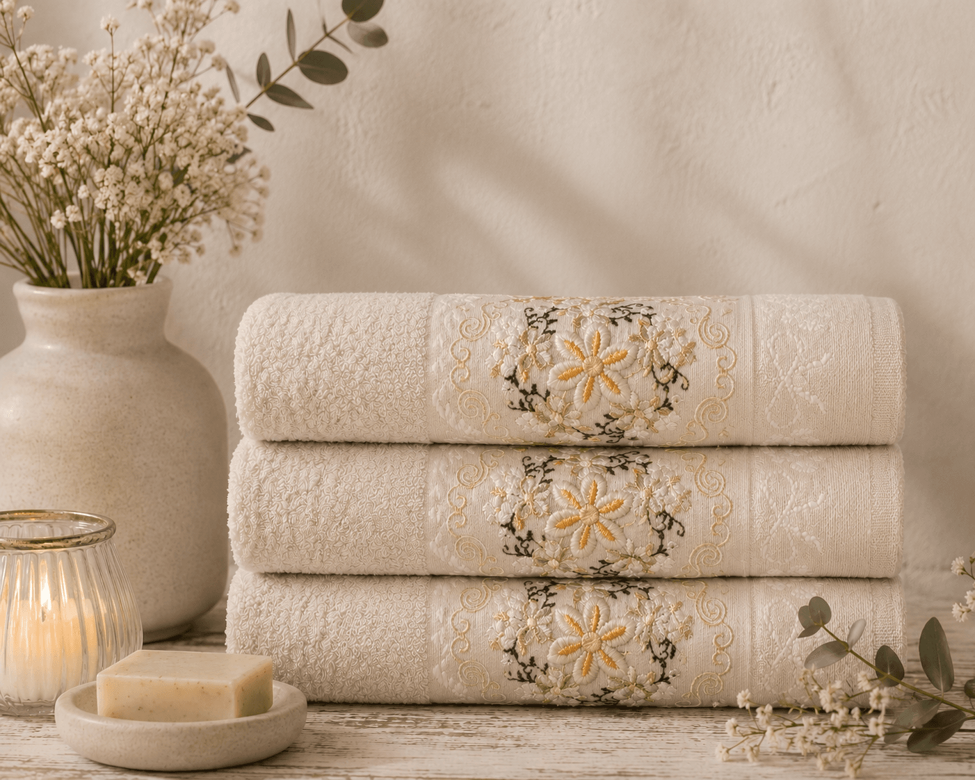 Set 3 prosoape brodate , bumbac 100%, dimensiune 50x90cm Cream
