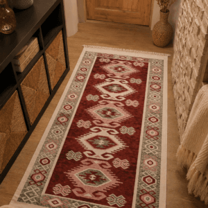 Covor traditional, tesut, cu doua fete, dimensiunea 80x125cm Rosu si crem, model Hora