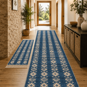 1+1 set Covoare traditionale, tesute, cu doua fete, dimensiunea 80x250cm + 60x150cm albastru si crem, model rustic 2
