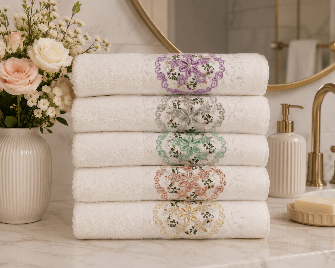 Set 5 prosoape baie, bumbac 100%, dimensiune 60x90cm colorate White Garden