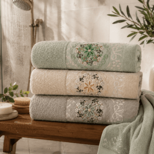 Set 3 prosoape brodate , bumbac 100%, dimensiune 70x140cm Gri, Crem, Aqua