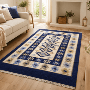 Covor traditional, cu doua fete, IUTA, dimensiunea 160x250cm, albastru si crem, model ROMB
