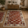 1+1 Covoare traditionale, dimensiunea 1 buc 80x125cm+ 1 buc 60x90cm Rosu si crem, model rustic