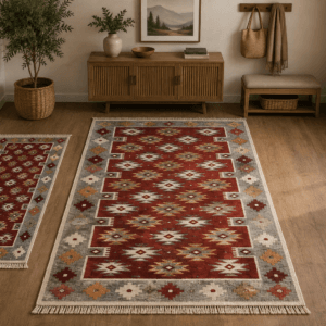 1+1 Covoare traditionale, dimensiunea 1 buc 80x125cm+ 1 buc 60x90cm Rosu si crem, model rustic