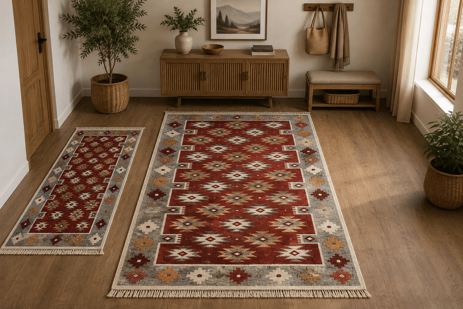 1+1 Covoare traditionale, dimensiunea 1 buc 80x125cm+ 1 buc 60x90cm Rosu si crem, model rustic