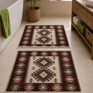1+1 Covoare traditionale, iuta, dimensiunea 60x90cm, maro si crem, model ROMB