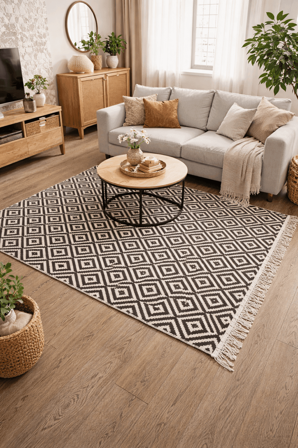 Covor traditional, tesut, cu doua fete, dimensiunea 100x200cm negru si gri, model geometric
