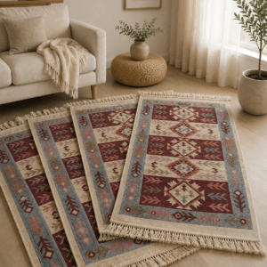 set 4 Covoare traditionale tesute, cu doua fete, dimensiunea 60x90cm, Rosu, model Rustic2