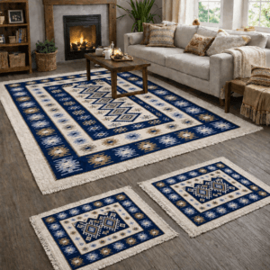 1+2 Covoare traditionale - 1 bucata 160x250cm , 2 bucati 60x90cm, albastru si crem, model ROMB