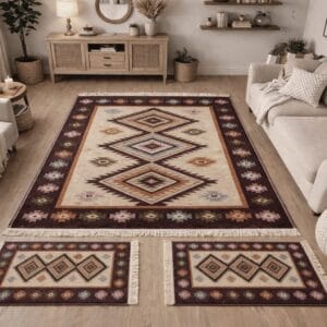 1+2 Covoare traditionale - 1 bucata 160x250cm , 2 bucati 60x90cm, maro si crem, model ROMB