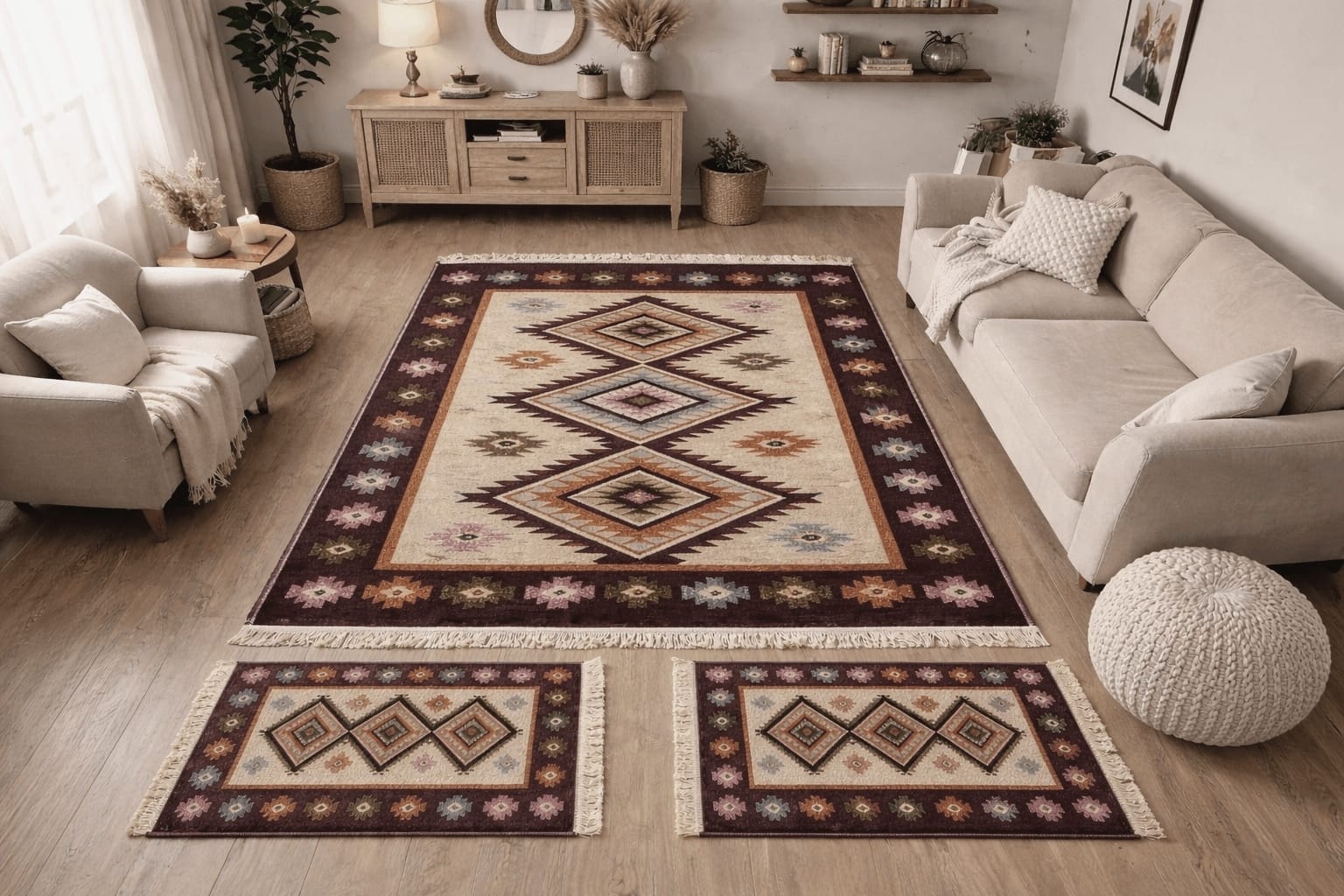 1+2 Covoare traditionale - 1 bucata 160x250cm , 2 bucati 60x90cm, maro si crem, model ROMB