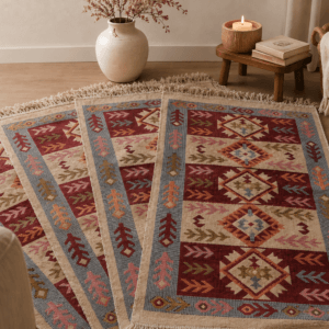 Alternative view of set 4 Covoare traditionale tesute, cu doua fete, dimensiunea 60x90cm, Rosu, model Rustic2