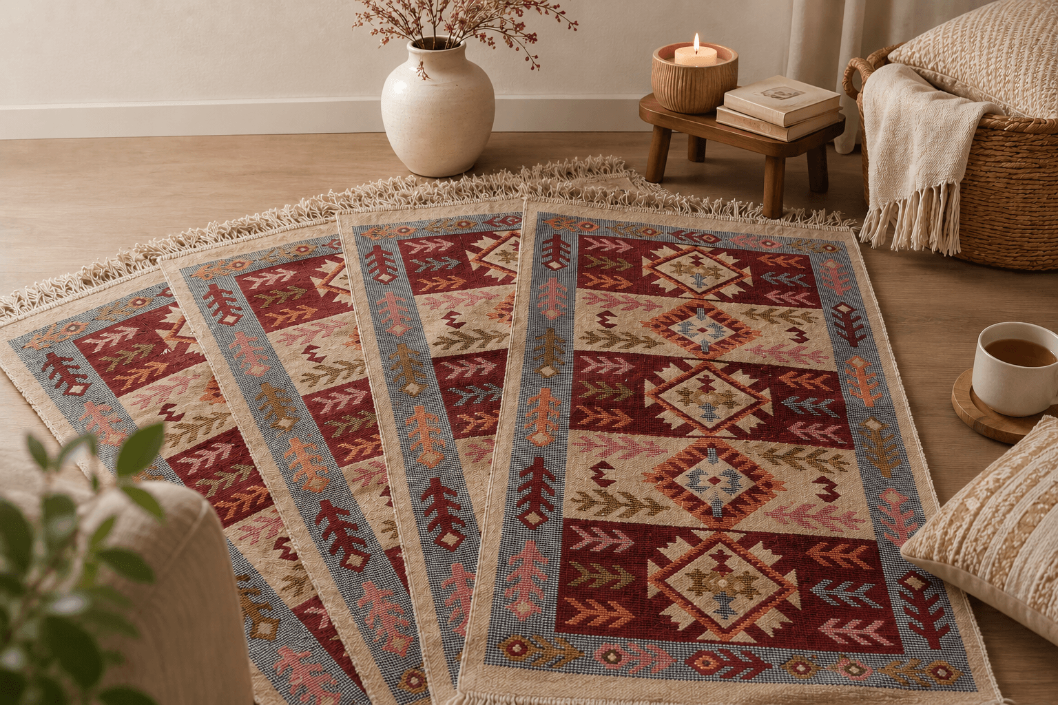 set 4 Covoare traditionale tesute, cu doua fete, dimensiunea 60x90cm, Rosu, model Rustic2 - imagine 2