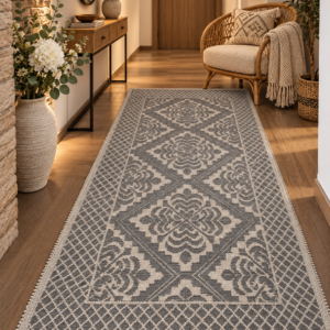 Covor tesut bumbac, dimensiunea 80x150cm gri si alb, cod CB90D
