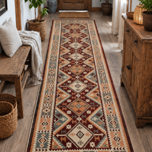 Covor traditional, dimensiunea 80x300cm rosu si crem, model Floral