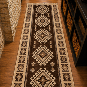 Covor traditional, tesut, cu doua fete, dimensiunea 80x150cm maro si crem, model ROMB