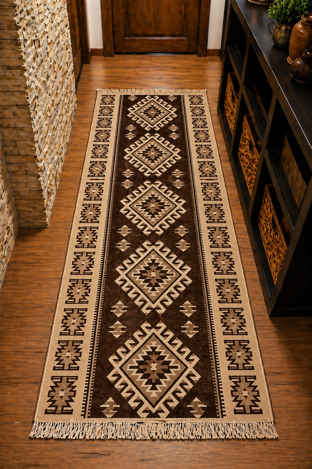 Covor traditional, tesut, cu doua fete, dimensiunea 80x150cm maro si crem, model ROMB