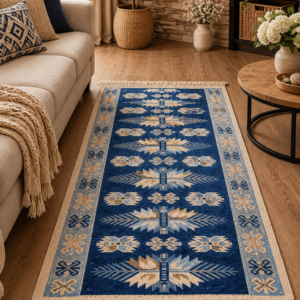 Covor traditional, tesut, cu doua fete, dimensiunea 100x200cm albastru si crem, model Con de brad