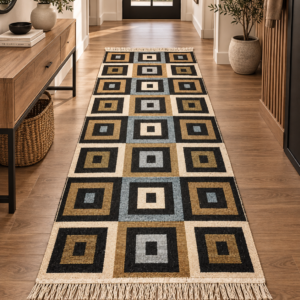 Covor traditional, tesut, iuta,cu doua fete, dimensiunea 80x200cm Maro si crem, model Geometric