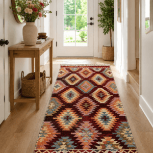Covor traditional, tesut, cu doua fete, dimensiunea 80x125cm Rosu si crem, model geometric