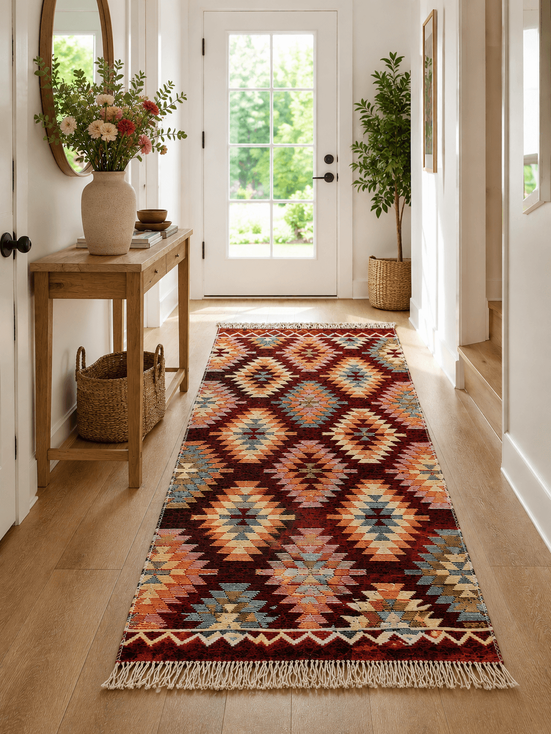 Covor traditional, tesut, cu doua fete, dimensiunea 60x150cm Rosu si crem, model geometric
