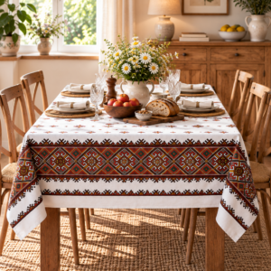 Alternative view of Fata de masa din bumbac, cu motive traditionale 150x160 cm cod032