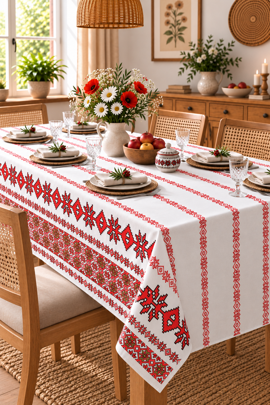 Fata de masa din bumbac, cu motive traditionale 150x300 cm cod027