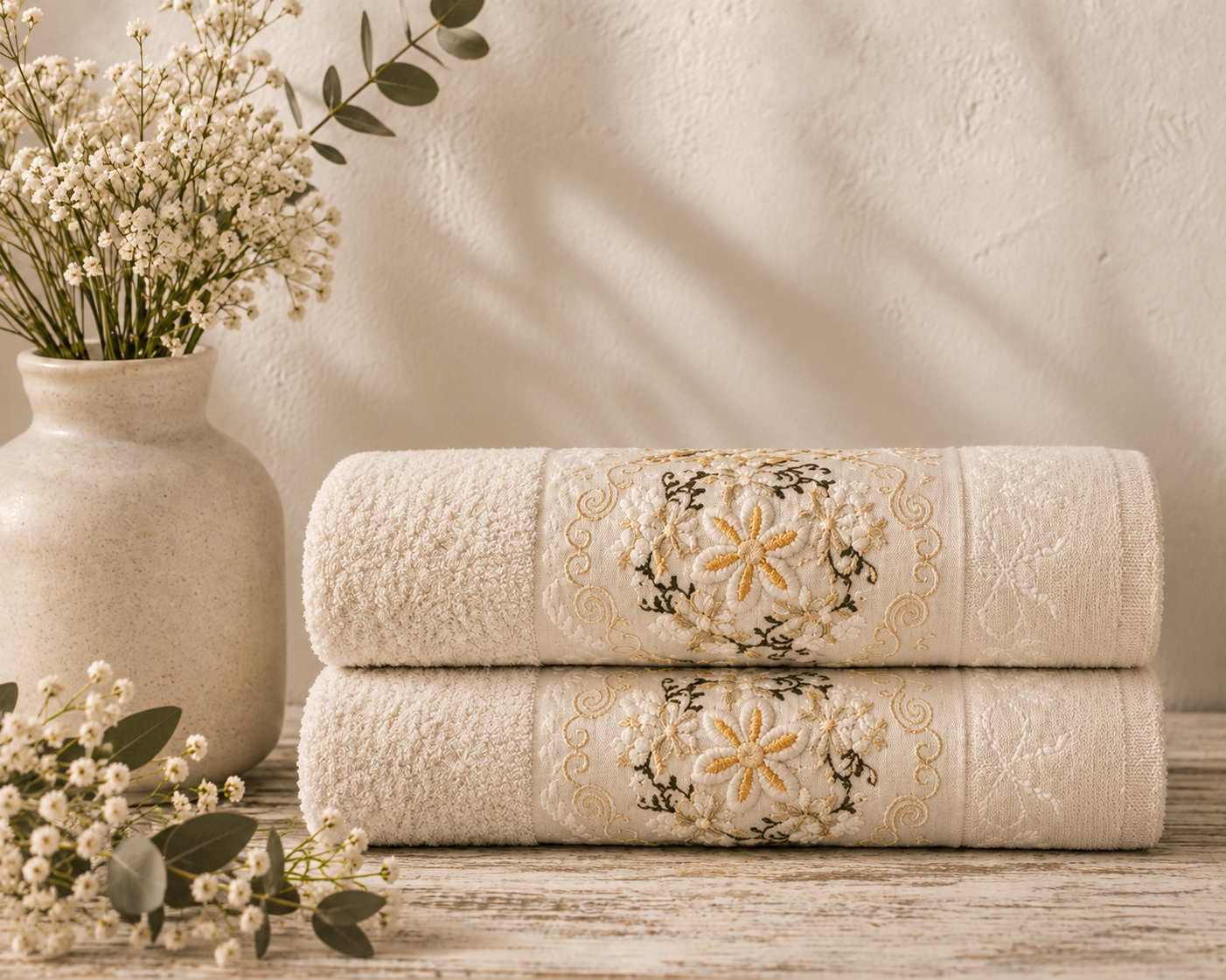 Set 2 prosoape brodate , bumbac 100%, dimensiune 70x120cm Cream