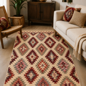 Alternative view of Covor traditional, tesut, cu doua fete, dimensiunea 80x125cm Rosu si crem, model geometric