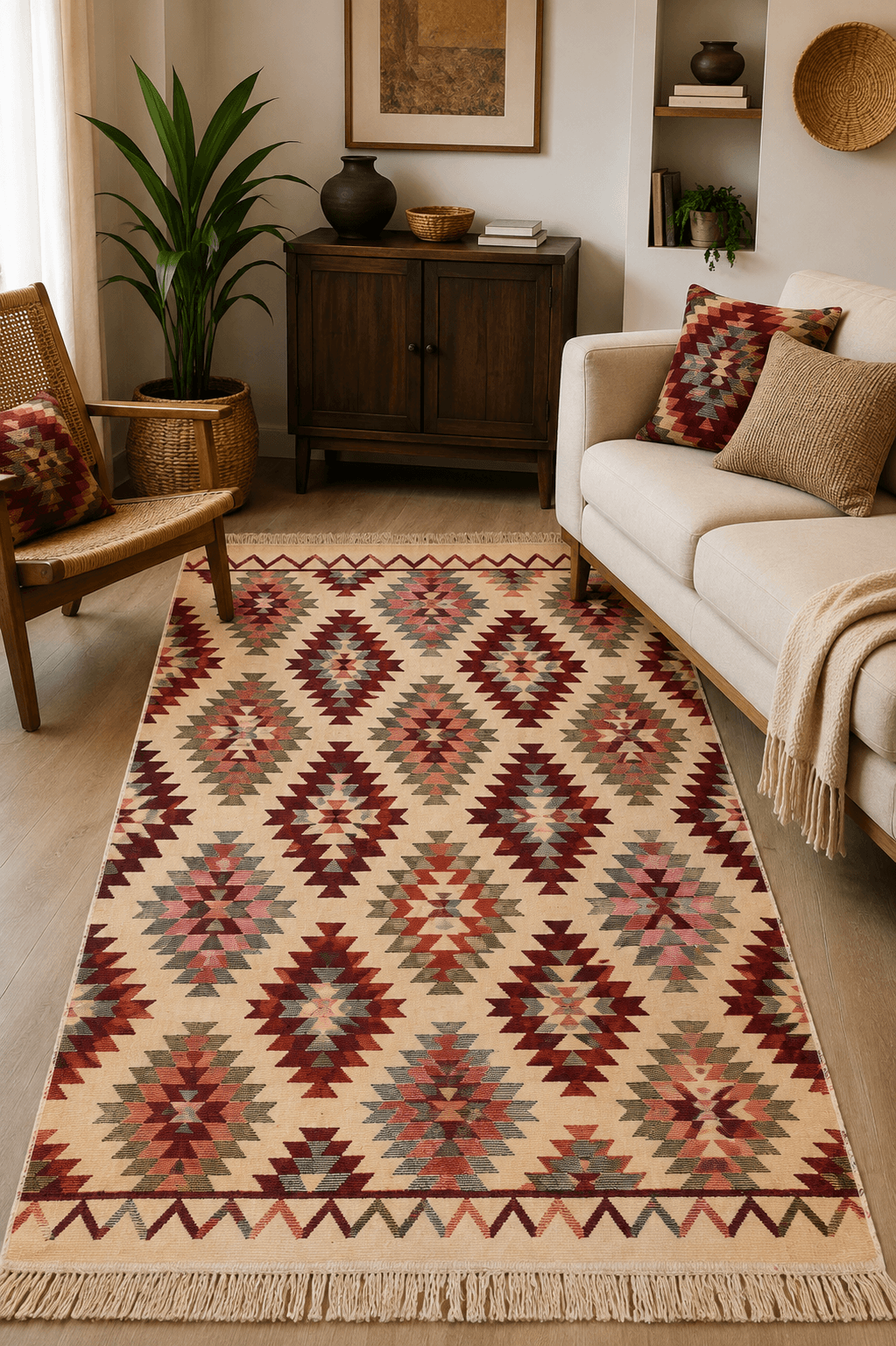 Covor traditional, tesut, cu doua fete, dimensiunea 60x150cm Rosu si crem, model geometric - imagine 2