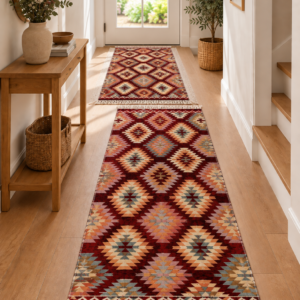 1+1 Covoare traditionale, tesut, cu doua fete, 60x150cm+80x125cm Rosu si crem, model geometric