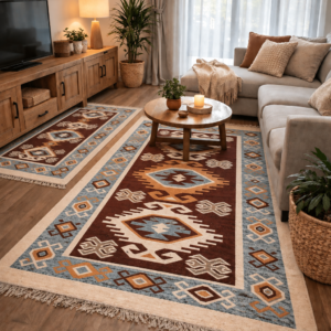 1+1 Covoare traditionale tesute, cu doua fete, dimensiunea 80x150cm+60x90cm, Rosu si crem, model Hora