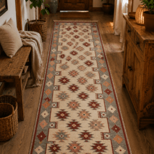 Covor traditional, dimensiunea 80x300cm rosu si crem, model Rustic3