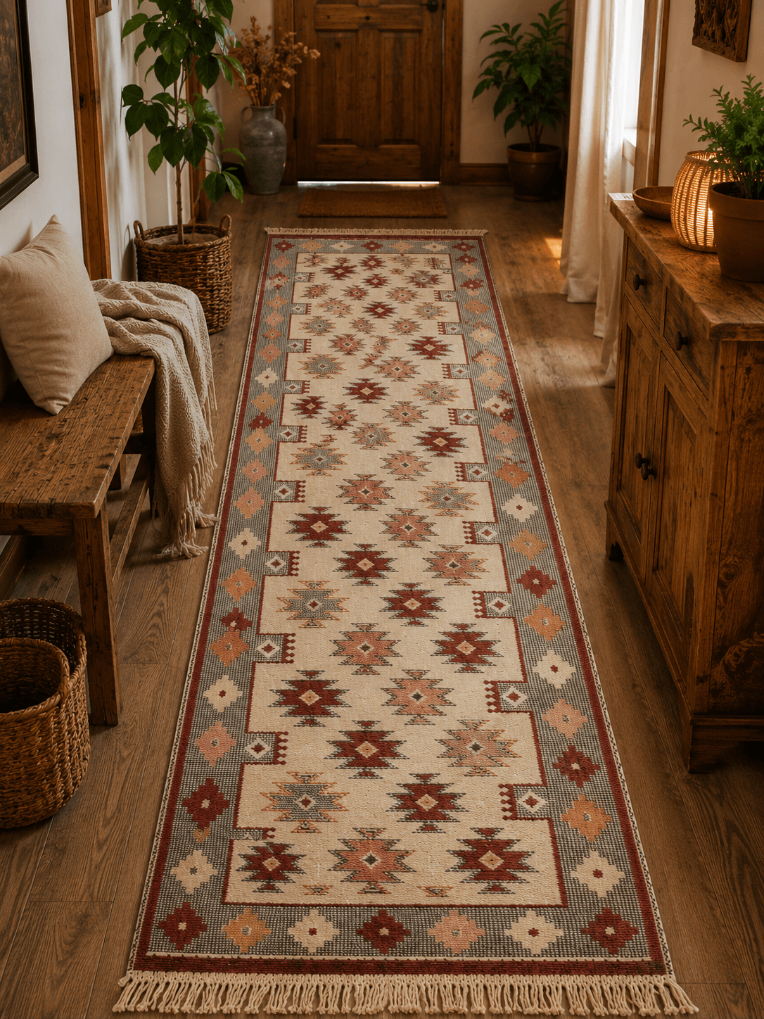 Covor traditional, dimensiunea 80x300cm rosu si crem, model Rustic3