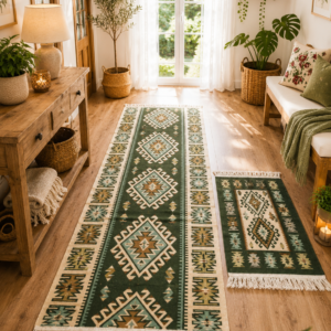 1+1 Covoare traditionale tesute,cu doua fete, dimensiunea 80x200+60X120cm verde si crem, model ROMB