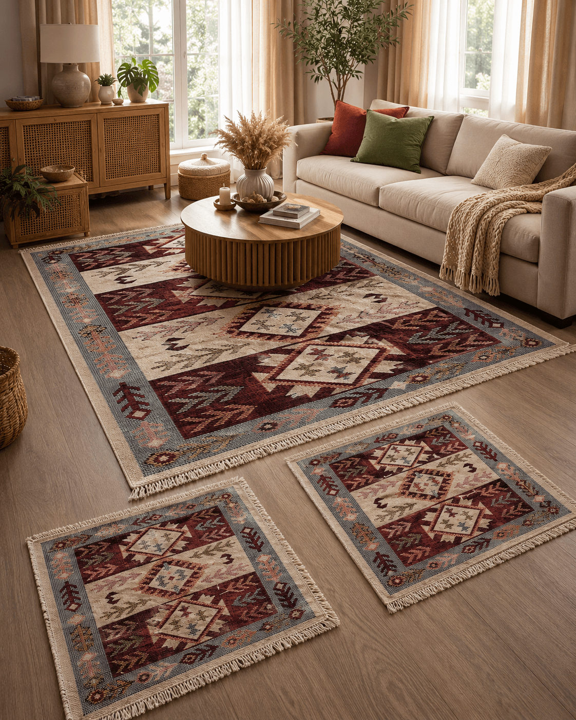 Set 3 Covoare traditionale dimensiunea 140x210cm+2 buc 60x90cm, rosu si crem, model Spic de Grau