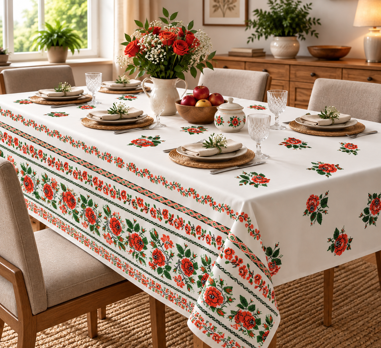 Fata de masa din bumbac, cu motive traditionale 150x160 cm cod035