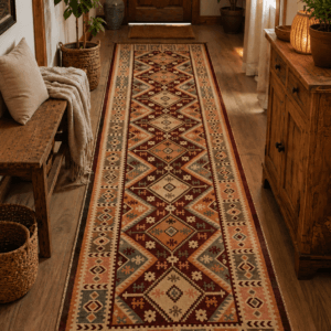 Covor traditional, dimensiunea 80x300cm rosu si crem, model Rustic4