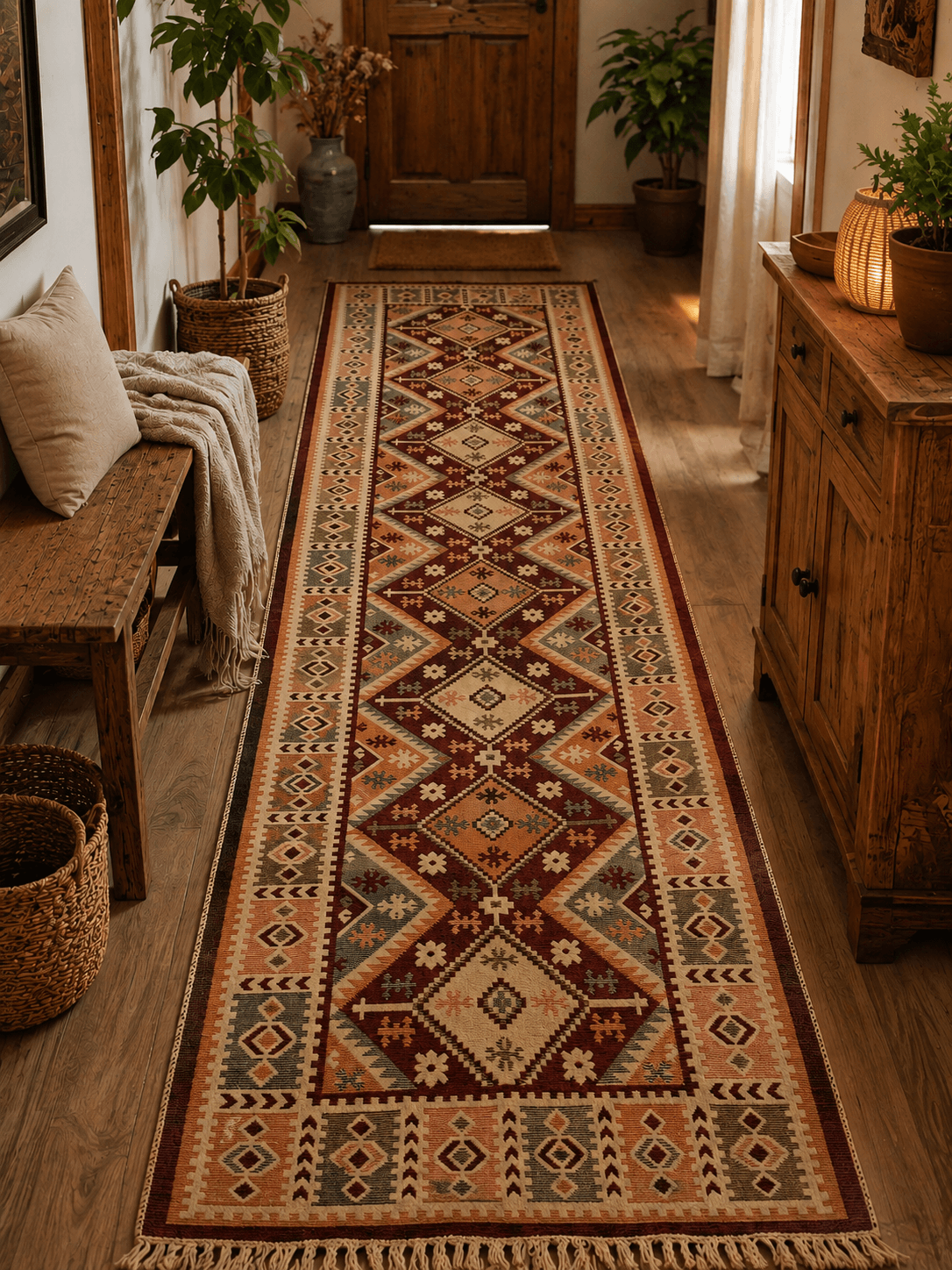 Covor traditional, dimensiunea 80x300cm rosu si crem, model Rustic4