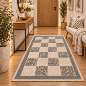 Covor tesut din bumbac, dimensiunea 80x145cm gri si alb cod CB10N